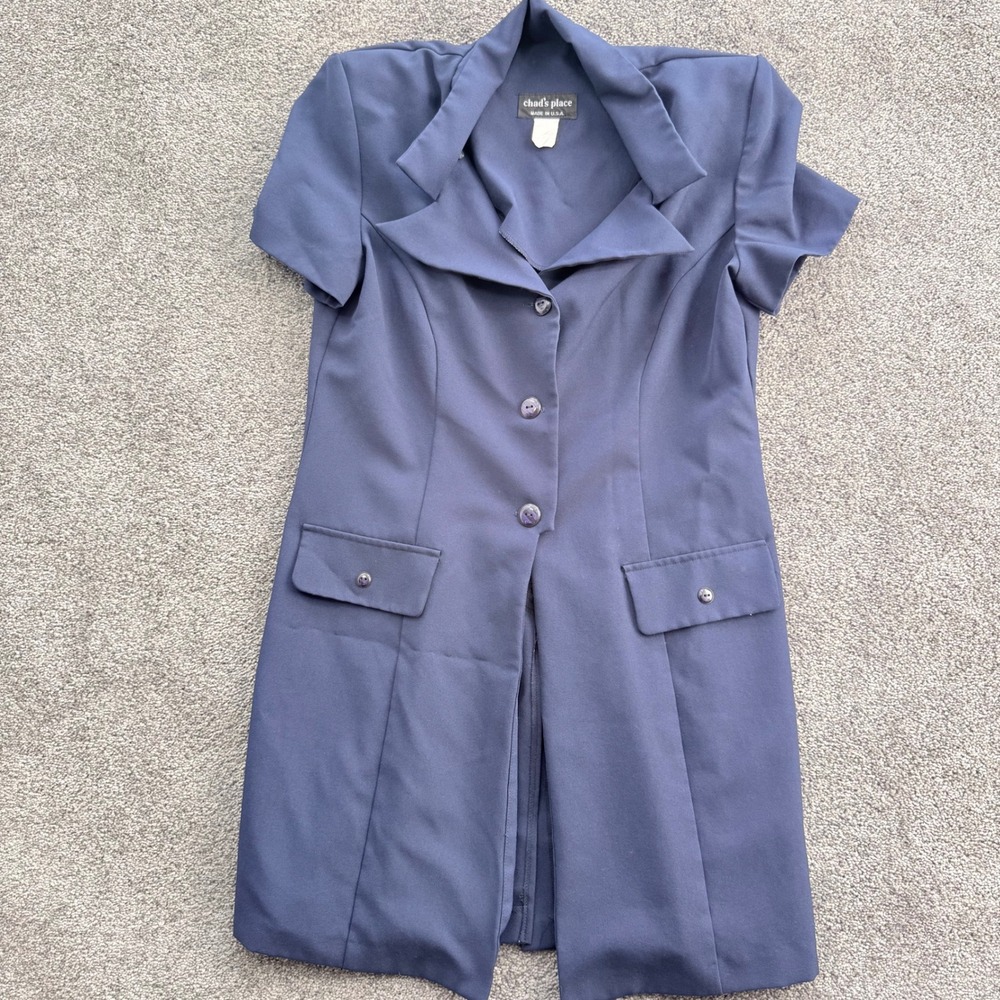 VTG Chads Place Navy Blue Short Sleeve Longline Button Up Shirt Dress Made USA